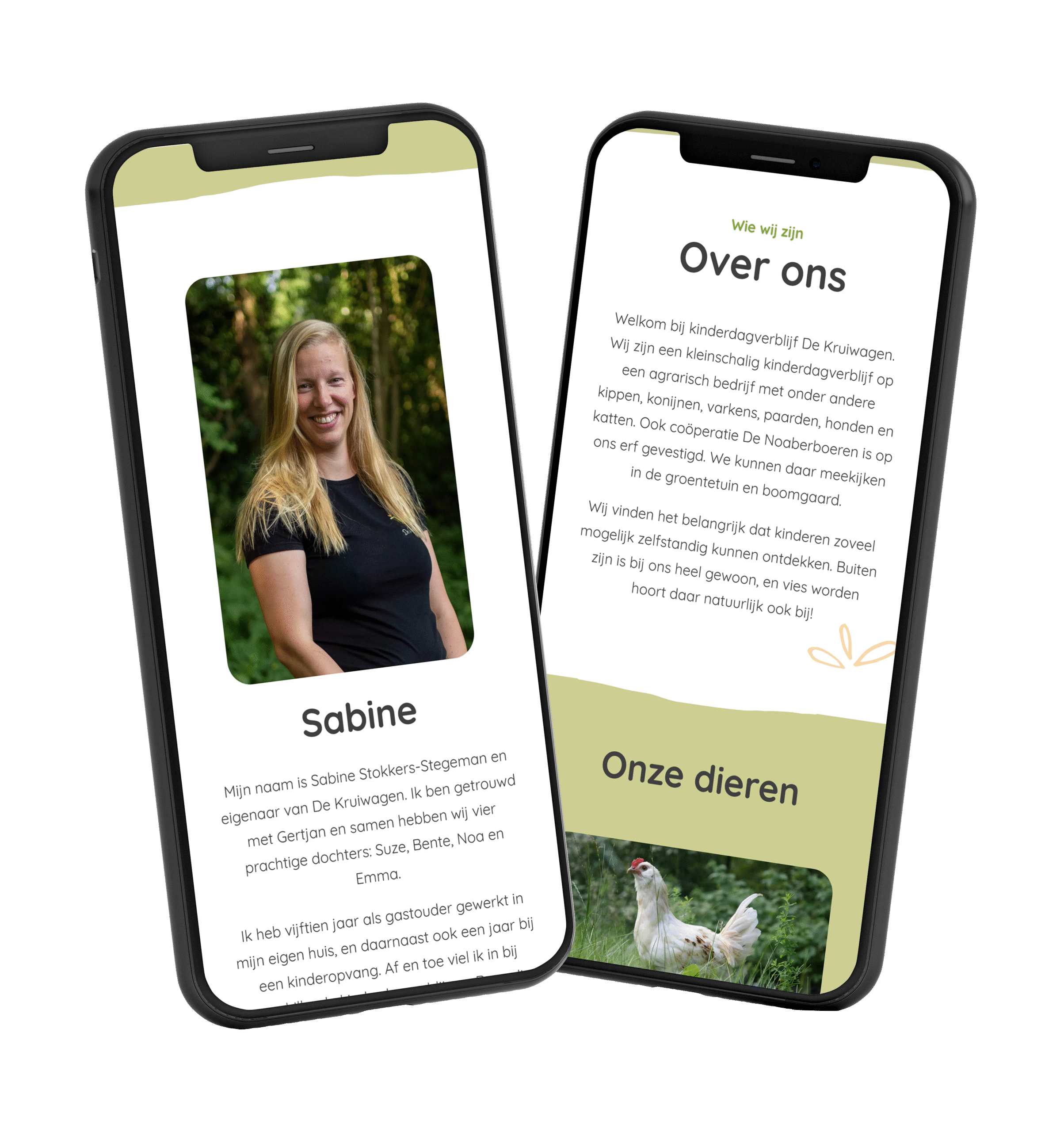 Website van kinderdagverblijf de kruiwagen wordt weergegeven op een mobiel