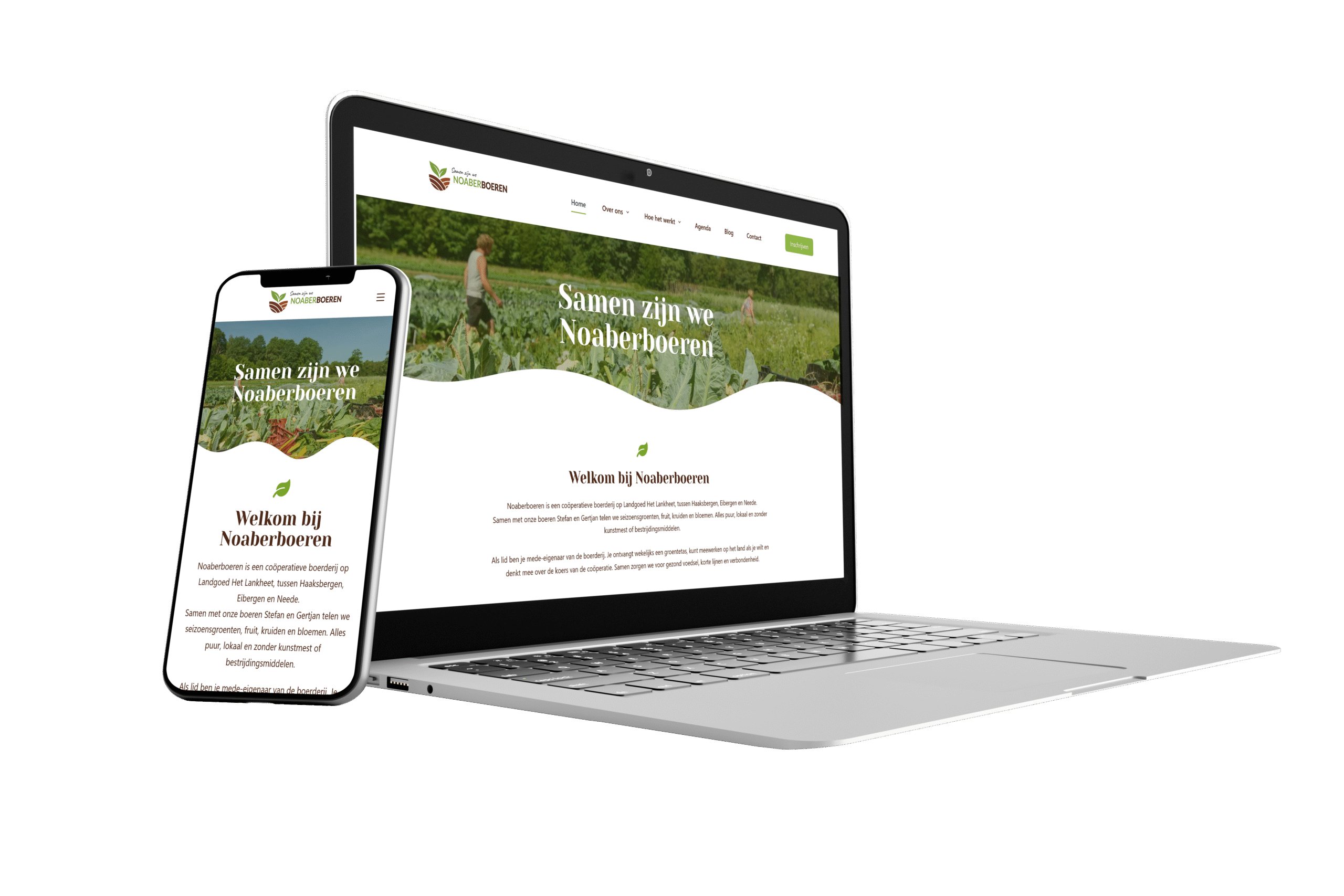 Website van Cooperatieve boerderij Noaberboeren wordt weergegeven op mobiel en laptop