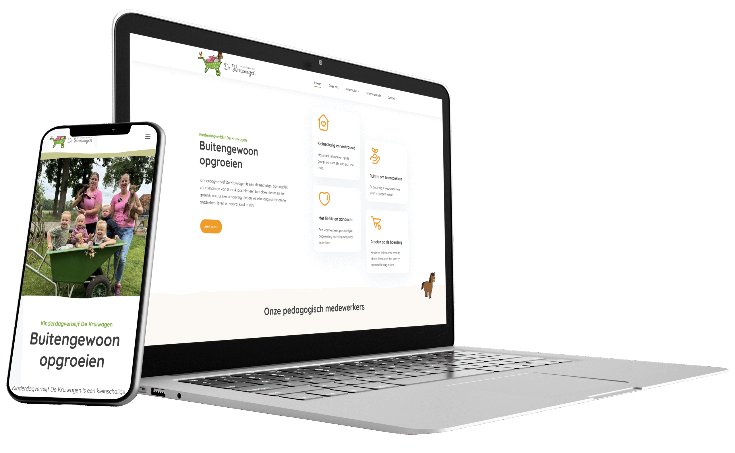 Website van kinderdagverblijf de kruiwagen wordt weergegeven op een laptop en mobiel