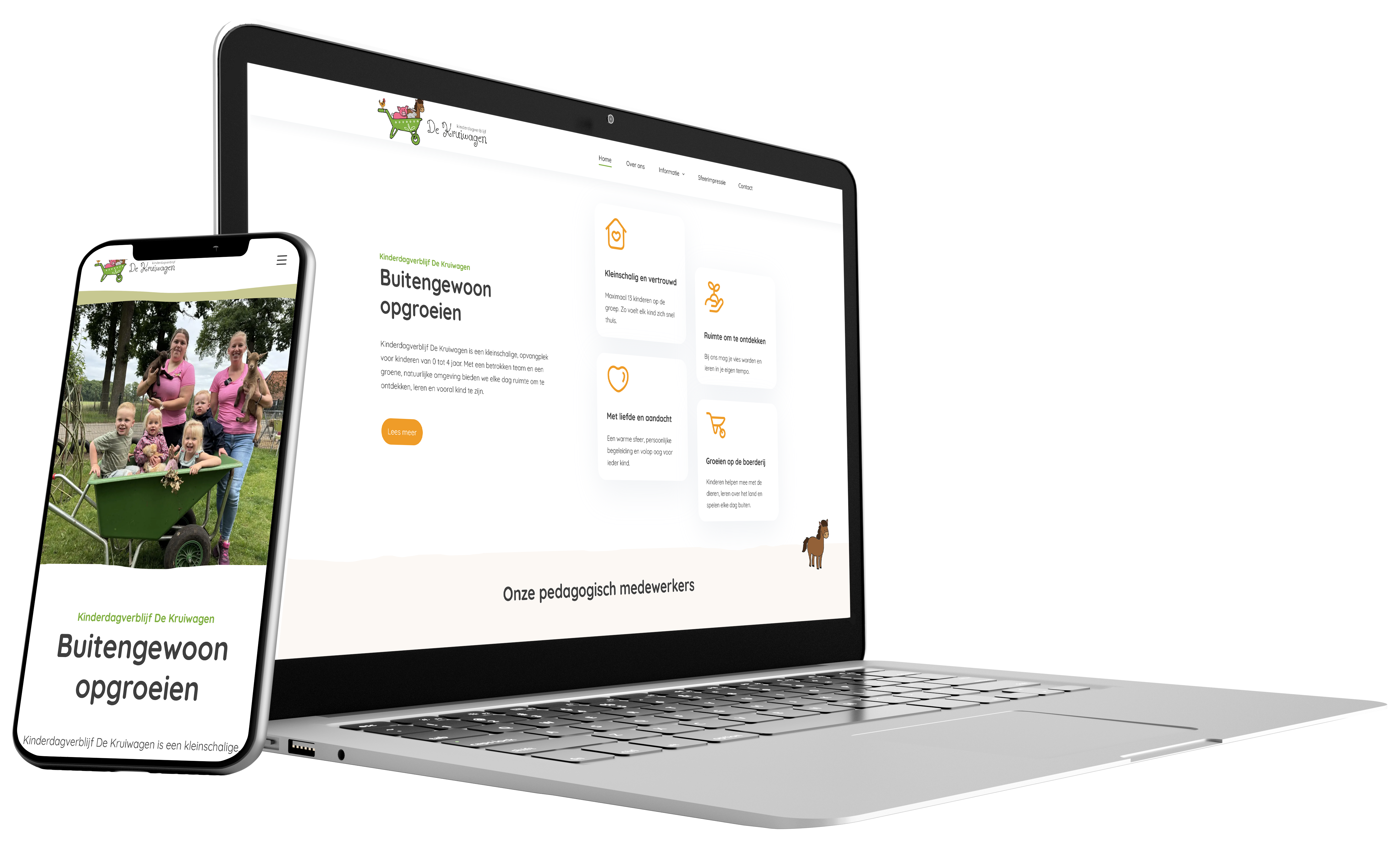 Website van kinderdagverblijf de kruiwagen wordt weergegeven op een laptop en mobiel