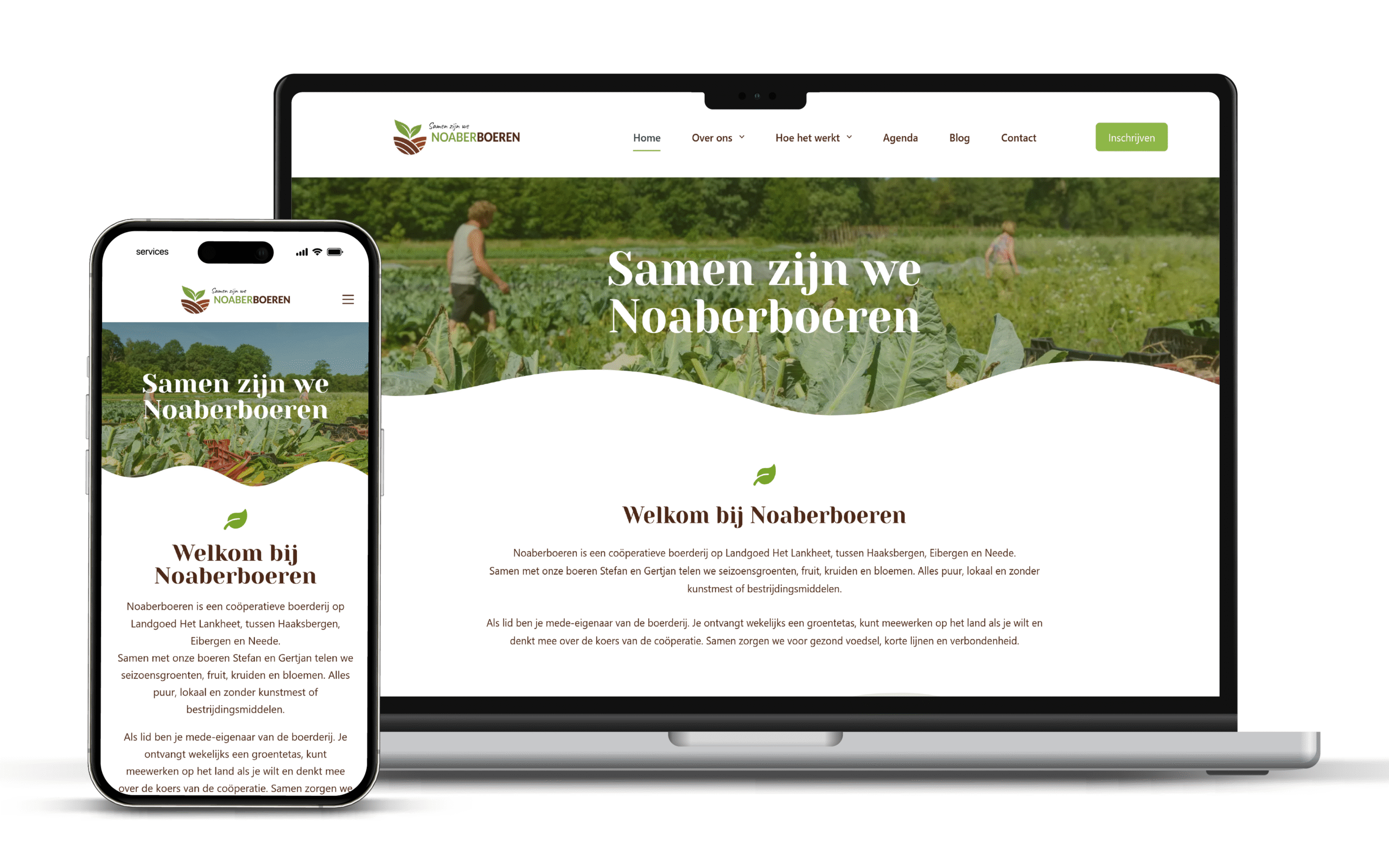 Voorbeeld van de website van noaberboeren wordt weergegeven op mobiel en laptop