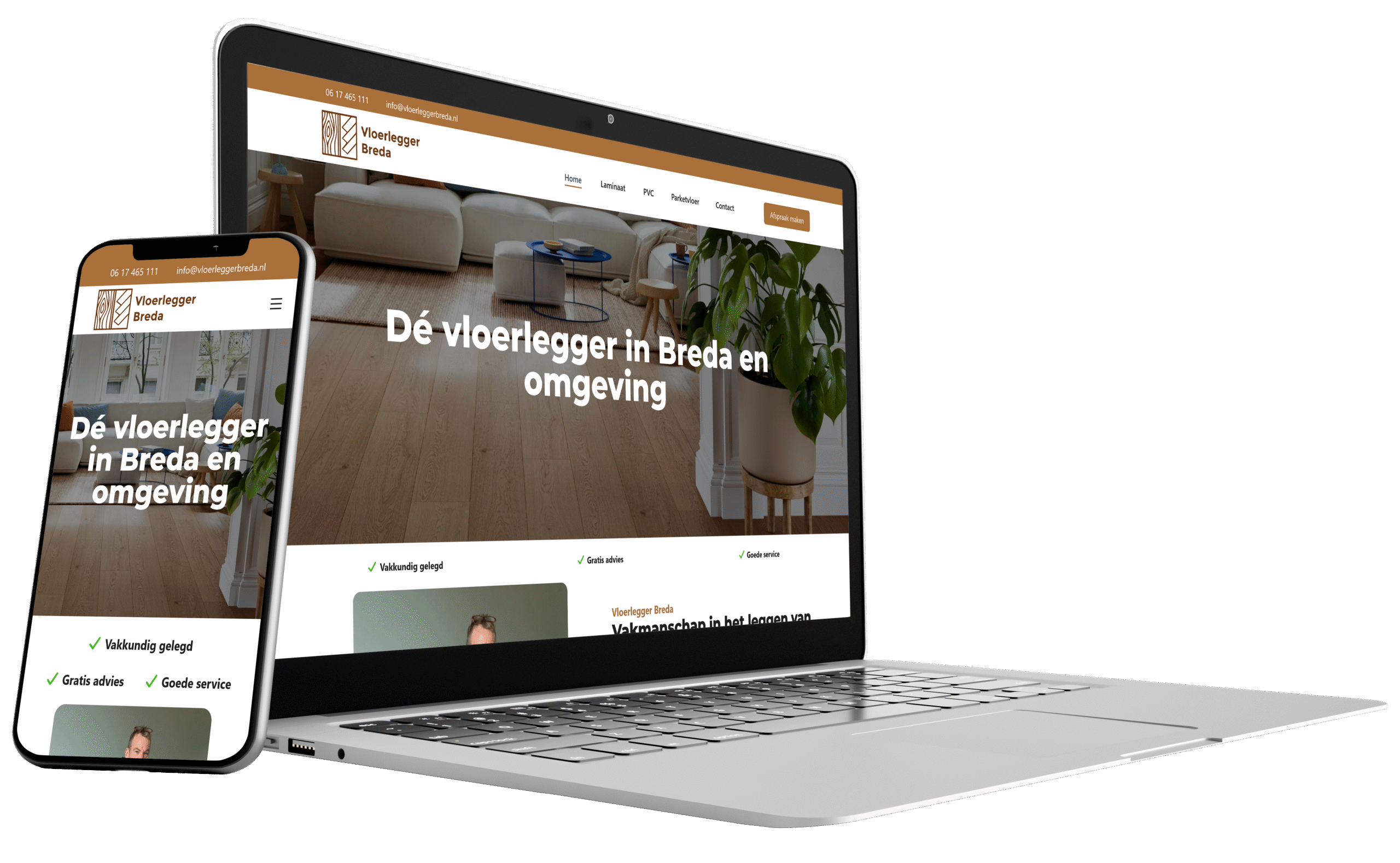 Website van kinderdagverblijf de kruiwagen wordt weergegeven op een laptop en mobiel